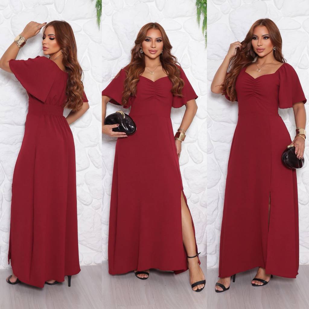Vestido Longo Feminino Elegante em Duna Manga Flare com Fenda Lateral Casual