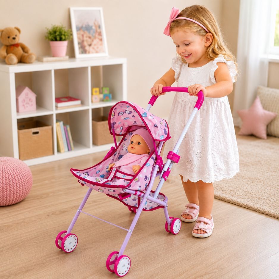 Carrinho de Boneca Dobrável com Capuz Brinquedo Infantil Passeio Bebê Boneca Menina 43218 - Vencedor