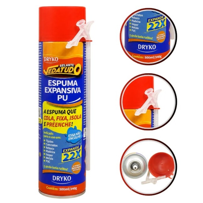 Espuma Expansiva Dryko 500ml Selante PU Uso Geral Madeira Portas Janelas Construção Vedação