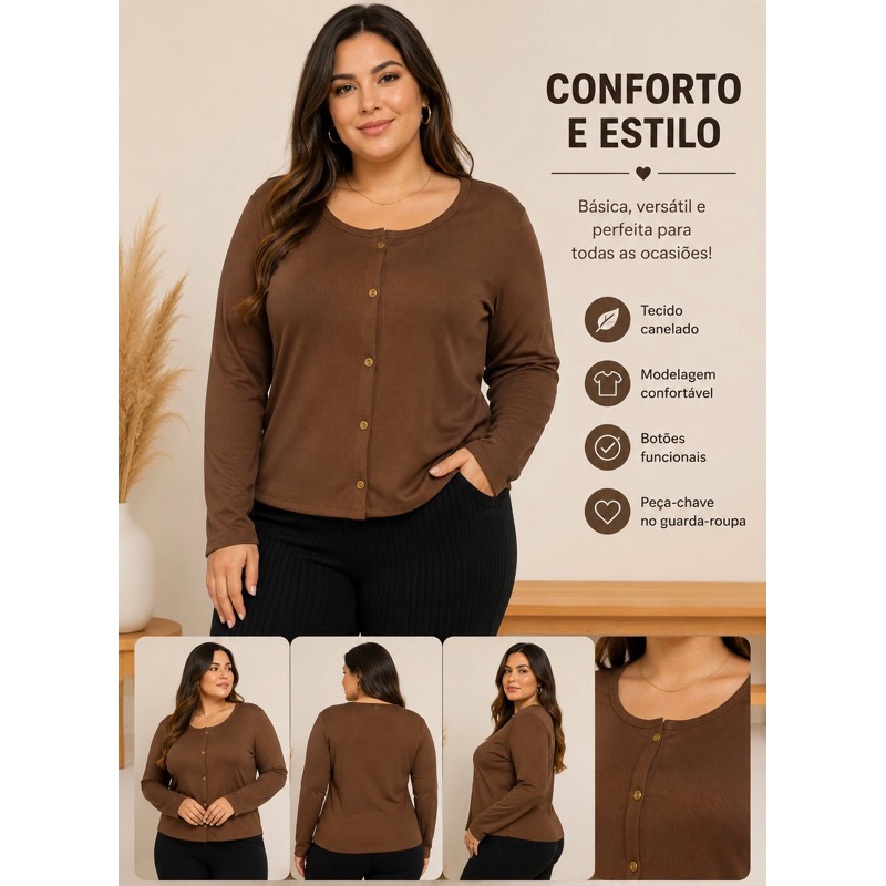 Casaquinho Plus Size Manga Longa Ribana Canelada com Botões