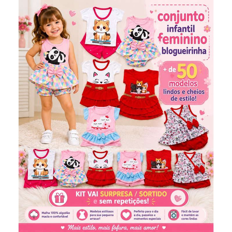 kit sortido 6 peças de roupa infantil feminina confortável surpresa/sortidas 0 a 6 anos - Kit com 3 conjunto menina