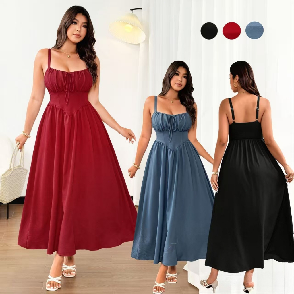 Vestido Longo Feminino Verão Elegante Decote Quadrado com Laço e Alça Fina Casual Festa Praia