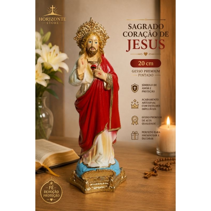Imagem Sagrado Coração de Jesus 23cm Gesso Premium Pintado Decoração Religiosa Presente Fé Católico