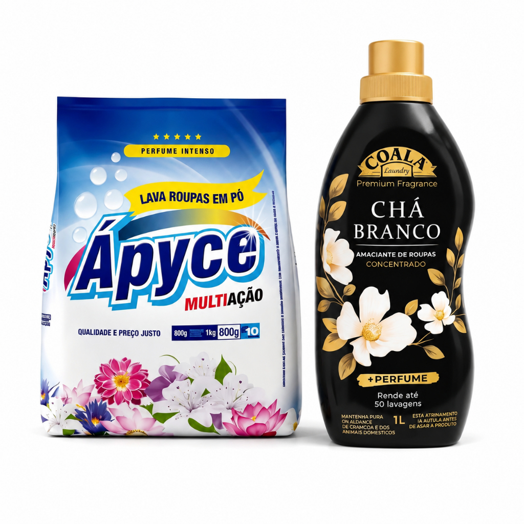 Kit Amaciante Coala Chá Branco com Sabão em Pó Ápyce 800g Lavagem Completa de Roupas