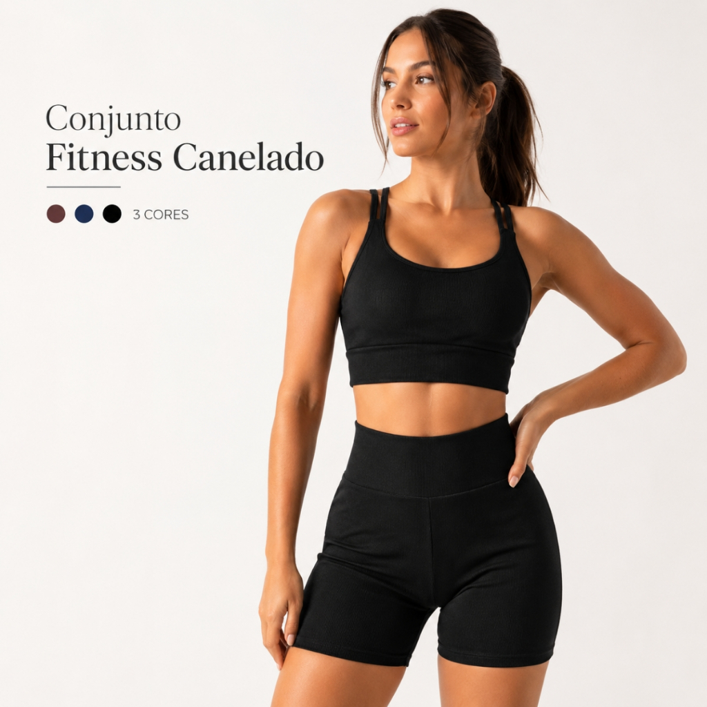 Kit Fitness Feminino Top + Bermuda Canelada Academia Treino Cintura Alta Modeladora Não Transparente