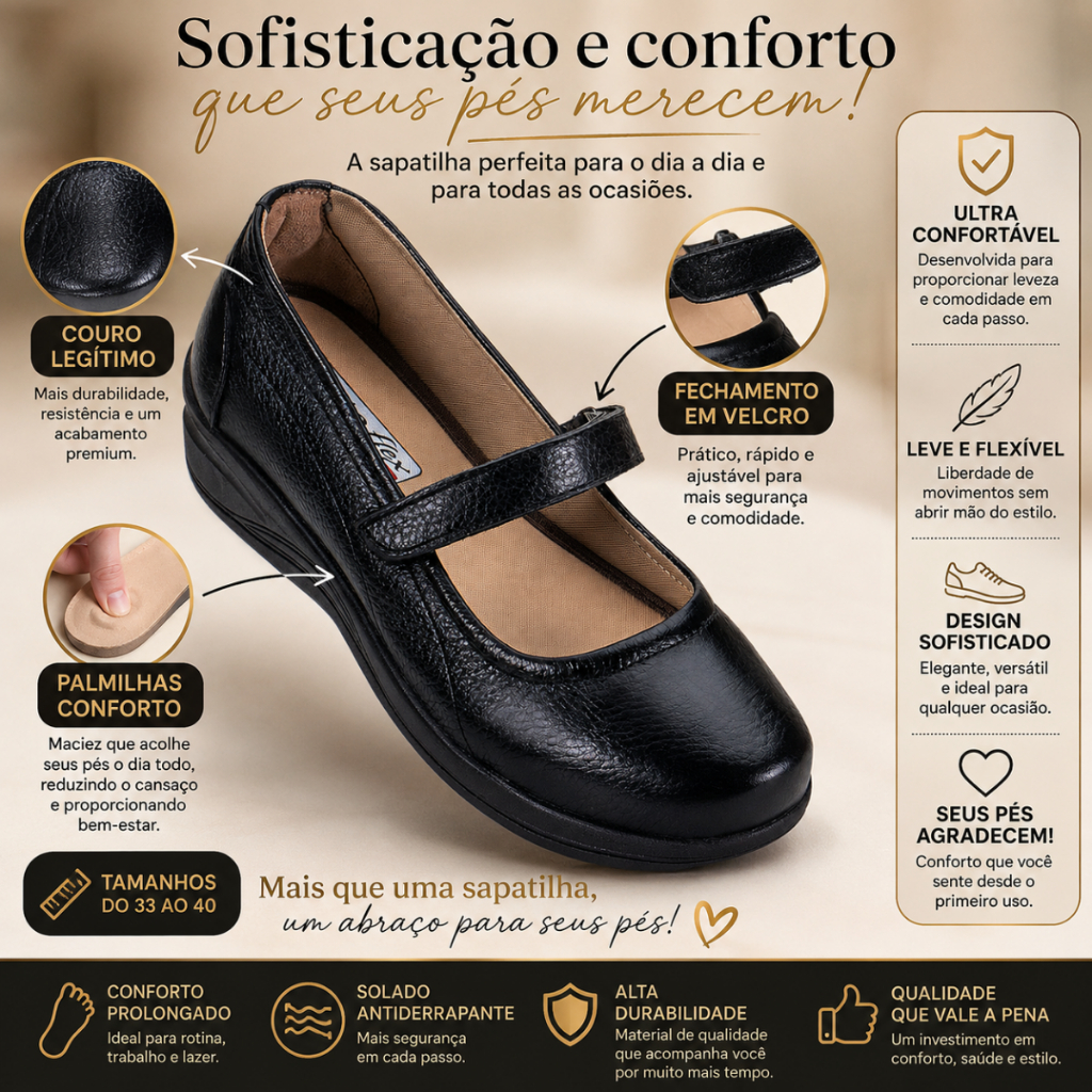 Sapatilha De Couro legitimo E Palmilha Ortopédica Confortável Sola Antiderrapante