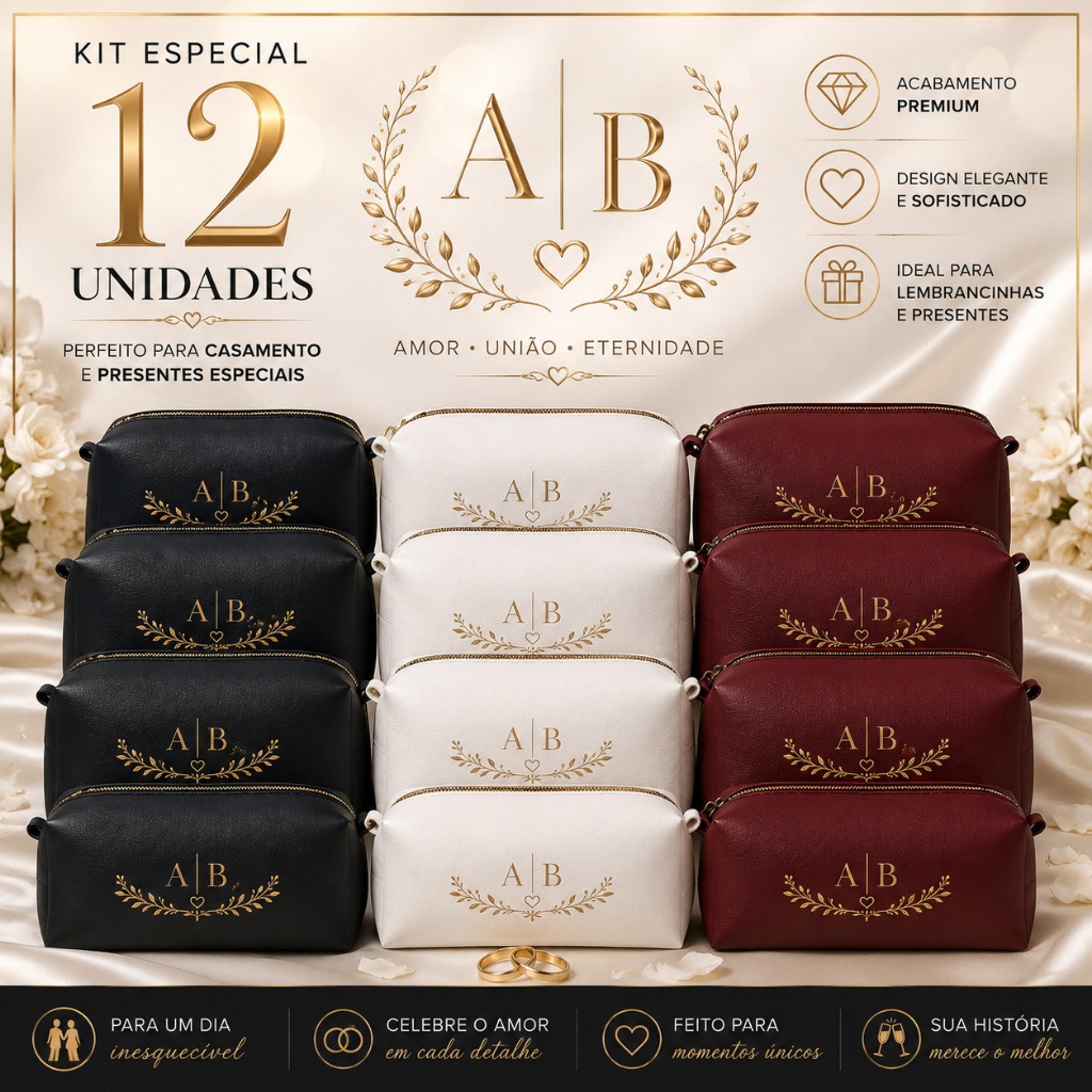 Kit 10 Necessaires Personalizadas Casamento com Iniciais dos Noivos Lembrancinha Premium