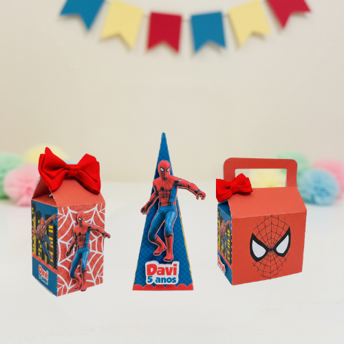 KIT de Caixinhas Homem Aranha Personalizadas| Pirâmide+Milk+Maleta |Lembrancinha Festa Infantil|Aplique 3D|PEGUE E MONTE