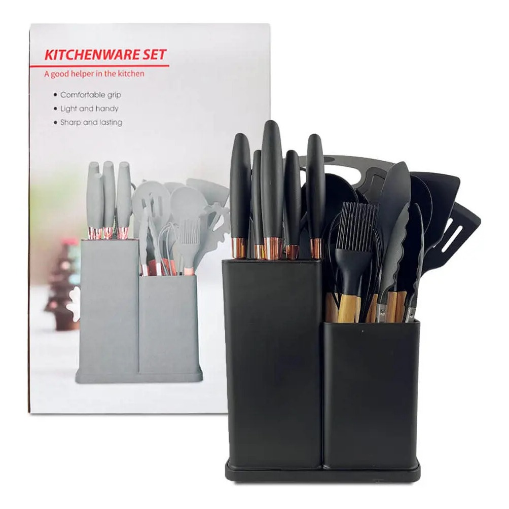 Kit Utensílios de Cozinha em Silicone e Antiaderente com Suporte – Conjunto Completo