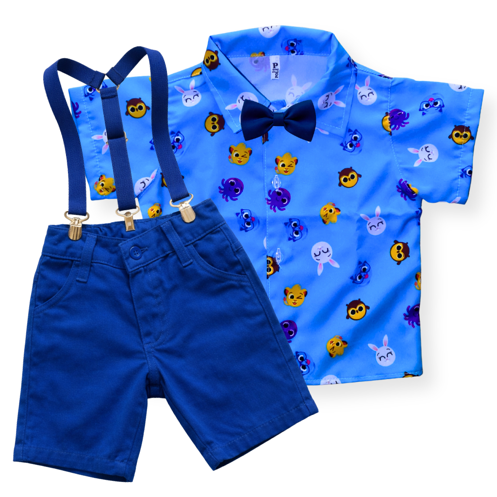 Conjunto Bolofofos Baby Infantil Look Festa, Aniversário e Mesversário Roupa Temática Menino com Suspensório e Gravata