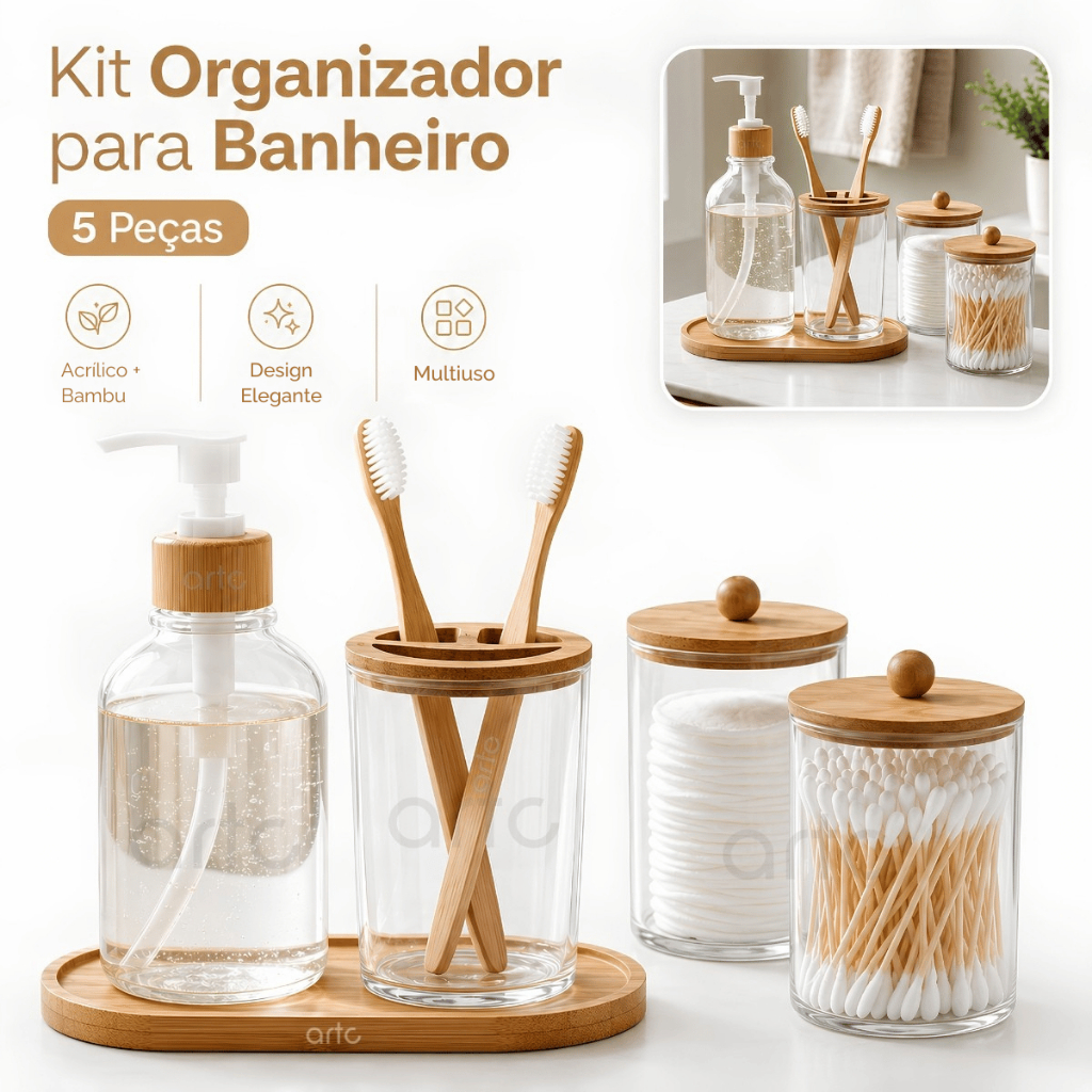 Conjunto Banheiro Lavabo 5 Peças Bambu Porta-Objetos, Dispenser, Escova e Bandeja