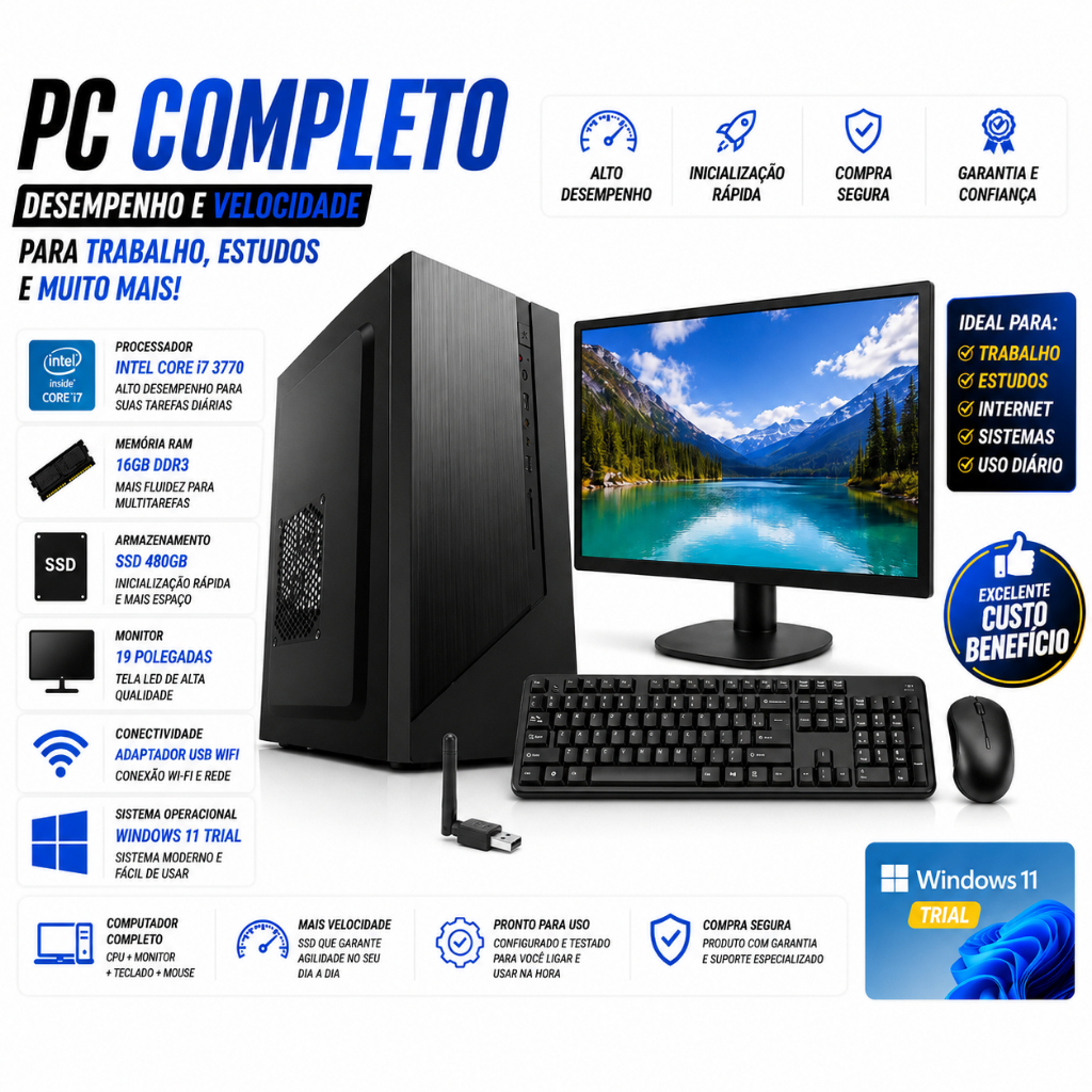 PC COMPLETO INTEL CPU I7 3770 MEMORIA 16GB SSD 480GB MONITOR 19 WINDOWS 11 TRIAL