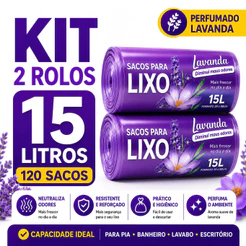 Kit 2 Rolos Saco de Lixo 15L Lavanda 120 Sacos Perfumados Resistentes Anti Odor Banheiro Cozinha