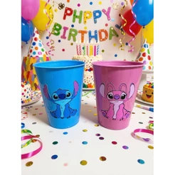Kit Copo Stitch adesivado 300ml Lembrancinha Aniversário Infantil Menino e Menina | Kit Festa Stitch Rosa e Azul
