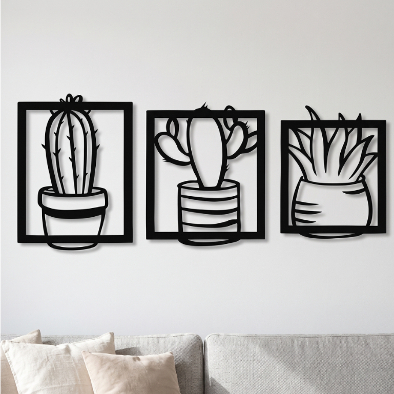 Kit 3 Quadros Cactos MDF Preto Vazado Decoração Parede Sala Quarto Boho Suculenta Planta Deco Casa
