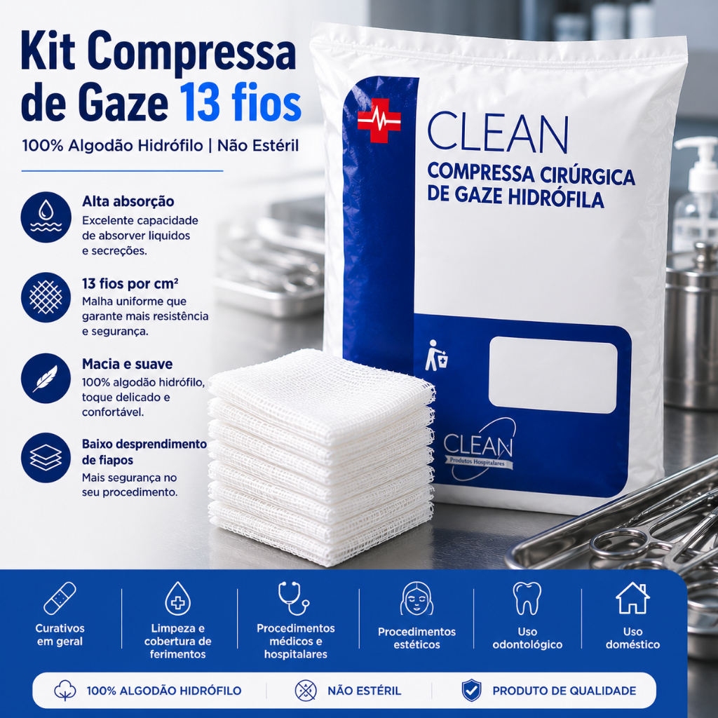 Compressa De Gaze 13 Fios 500 a 1500un Hidrófila Descartável Não Estéril Ideal para Curativo