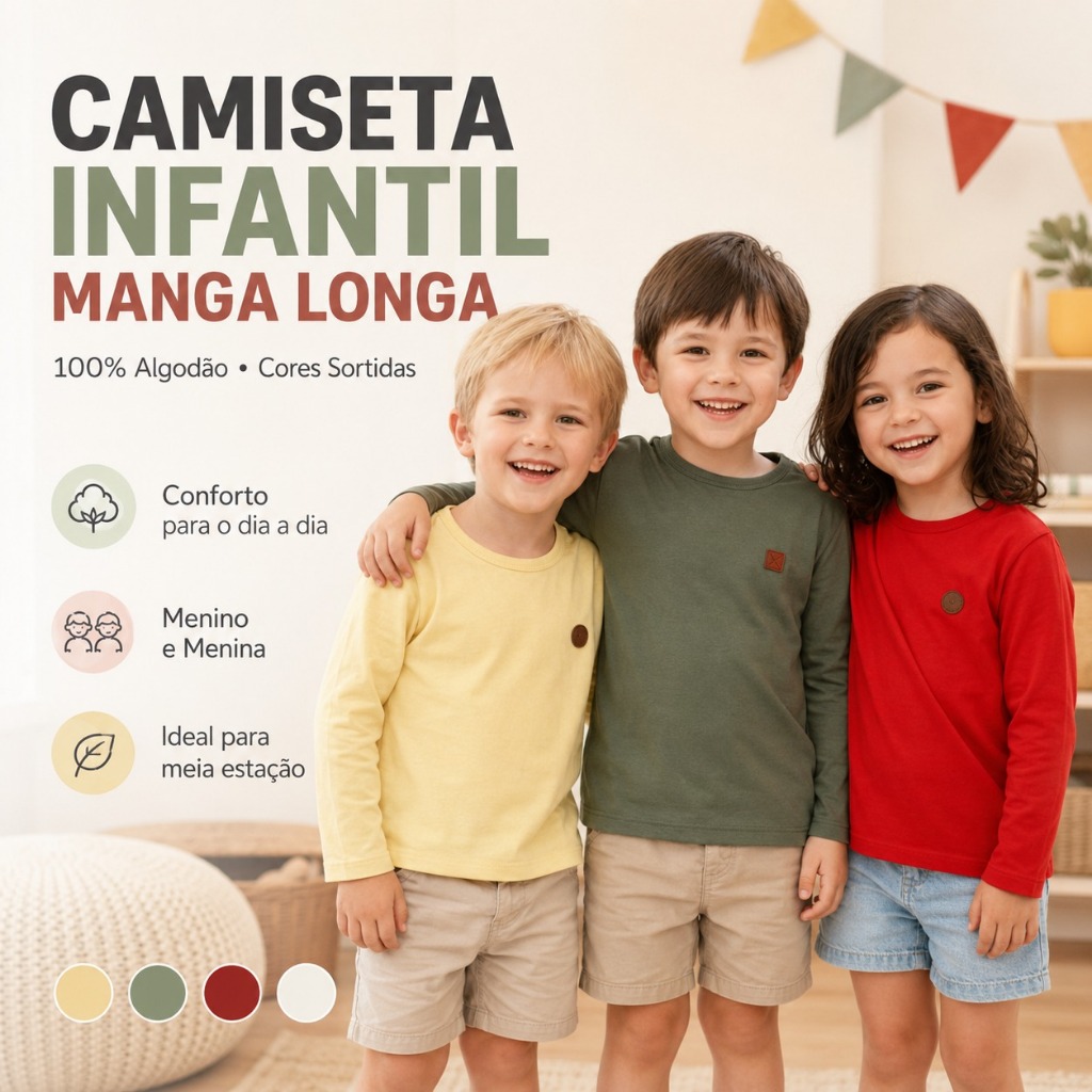 Camiseta Infantil Manga Longa 100% Algodão Menino Menina Cores Sortidas 1 a 10 Anos