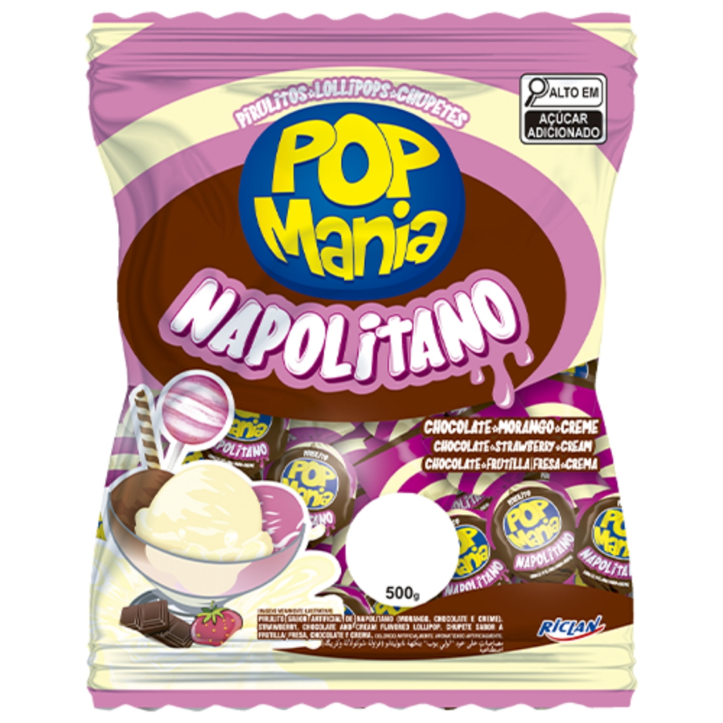 Pirulito Pop Mania Napolitano Com Recheio Chiclete 500g Riclan
