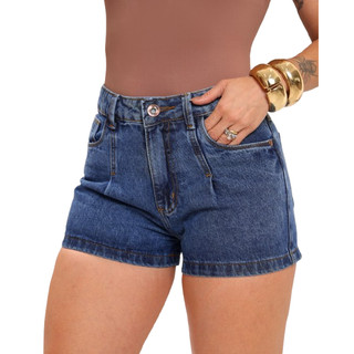 Short Jeans Feminino Sem Lycra Cintura Alta Detalhe De Pinças, Rvt Denim.