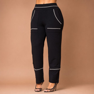 Calça Social Feminina Reta Cós Alto Com Bolso Casual Lycra