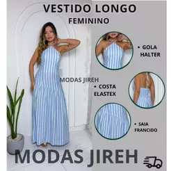 Vestido Longo Feminino Viscolino Listrado Gola Halter Elegante Acinturado Casual Festa Moda Feminina