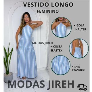 Vestido Longo Feminino Viscolino  Listrado Gola Halter Elegante Acinturado Casual Festa M…