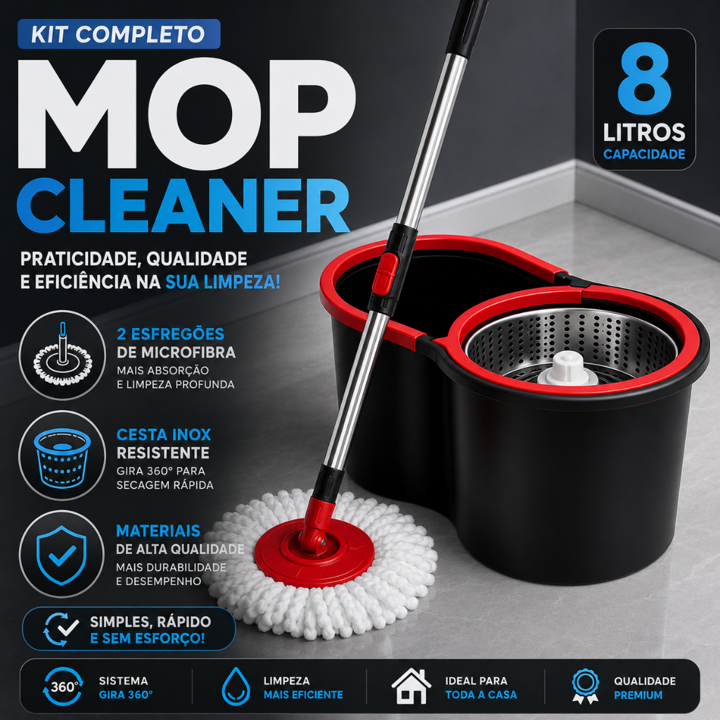 Mop C/ Cabo de 140 cm + 2 Refis - 8 Litros Cesto Em Inox - Balde Centrífuga - Aero