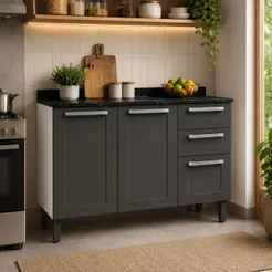 Balcão de Cozinha Itatiaia Aço 3 Portas 2 Gavetas Com Tampo Florença Grafite/Branco