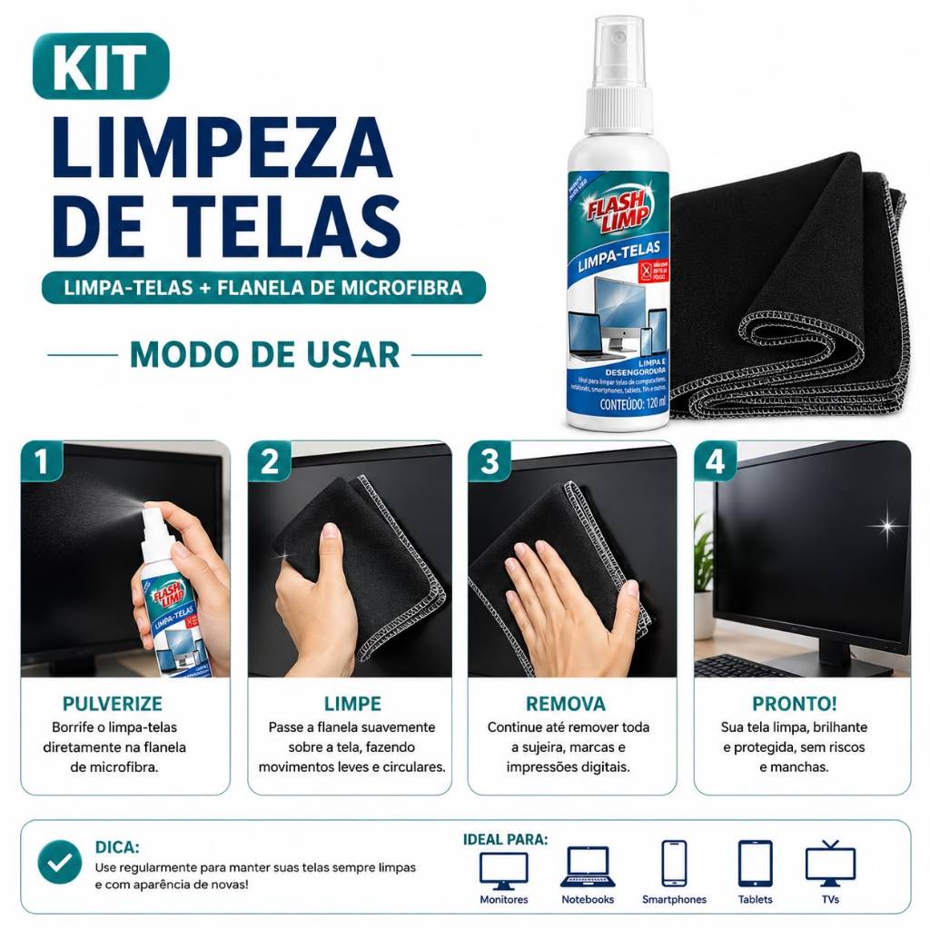 KIT LIMPA TELAS FLASH LIMP 120ML + FLANELA MICROFIBRA 60X30CM PARA TV NOTEBOOK CELULAR E PC
