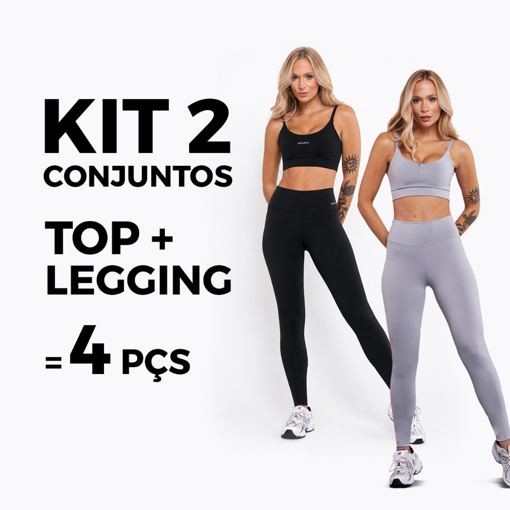 Kit 2 Conjuntos Fitness- Calça Legging Top Academia Treino Compressão - Modelagem Slim Encanto