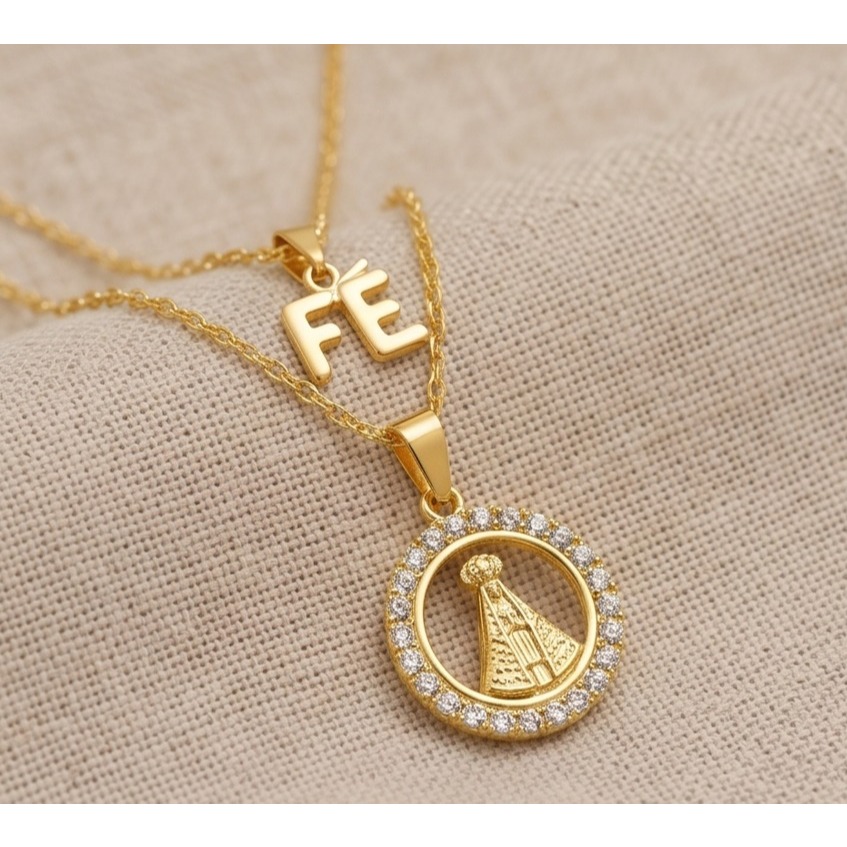 Conjunto Colar Nossa Senhora Aparecida e Pingente "Fé" - Folheado a Ouro 18K