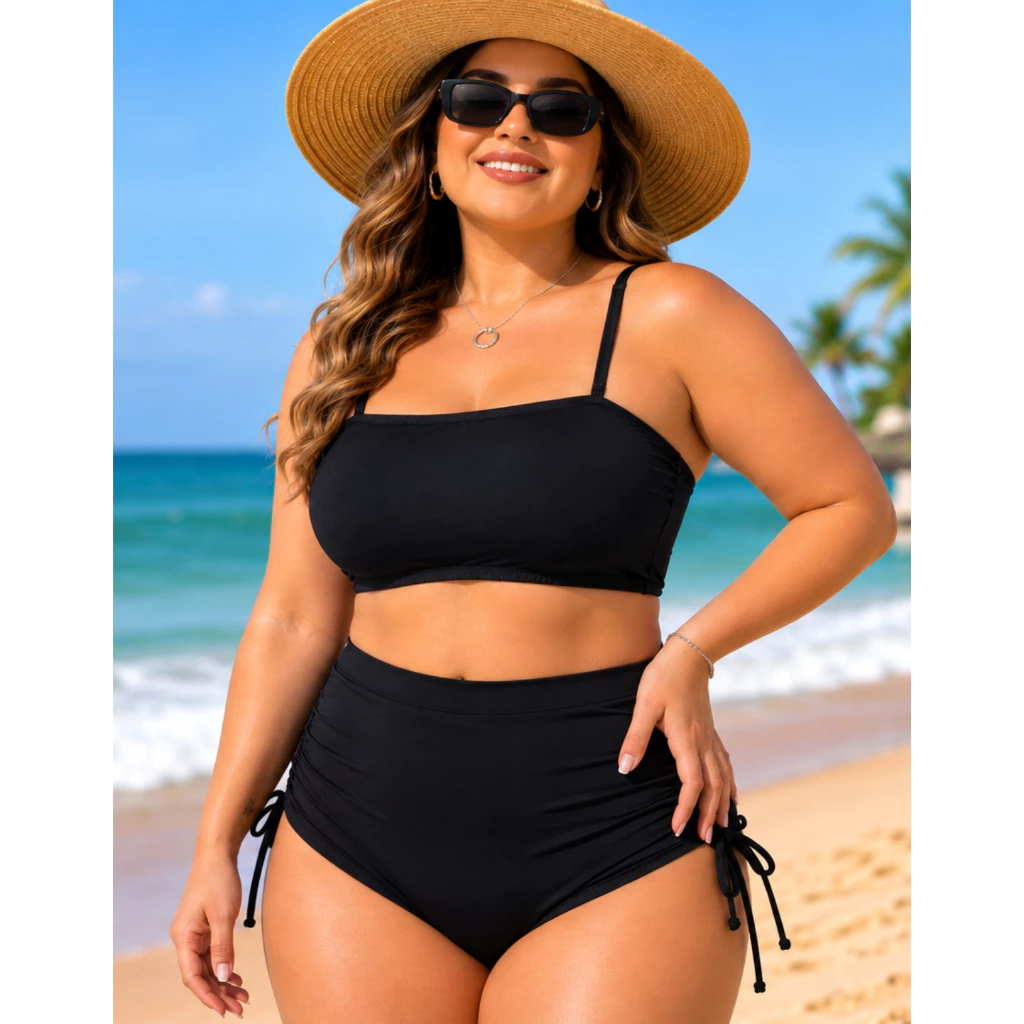 Biquíni Plus Size Feminino Top Faixa com Alças Reguláveis  Suquíni Hot Pant Regulável Cintura Alta Moda Praia — imagem 1