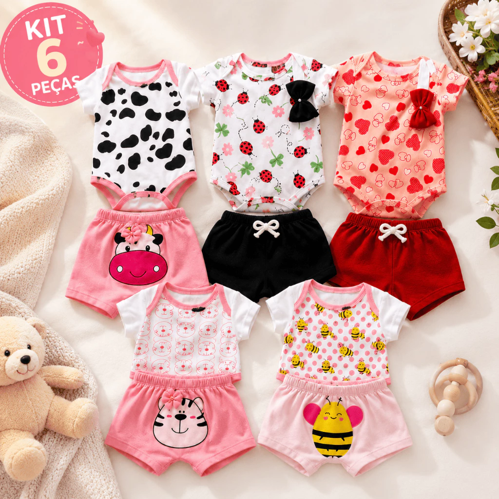 Kit 6 Peças Roupa De Bebê Body Menina Animado Estampado Algodão