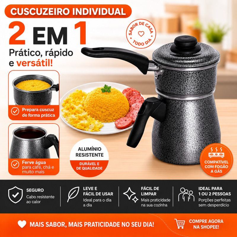 Cuscuzeiro Individual 2 em 1 – Porção Única Cozimento a Vapor Caneco Leiteira 1L Com 2 Tampas