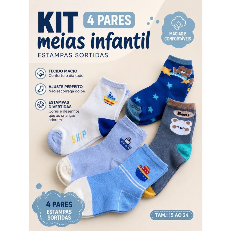 Meias infantis fofas divertidas estampadas modelos sortidos kit com 4 pares