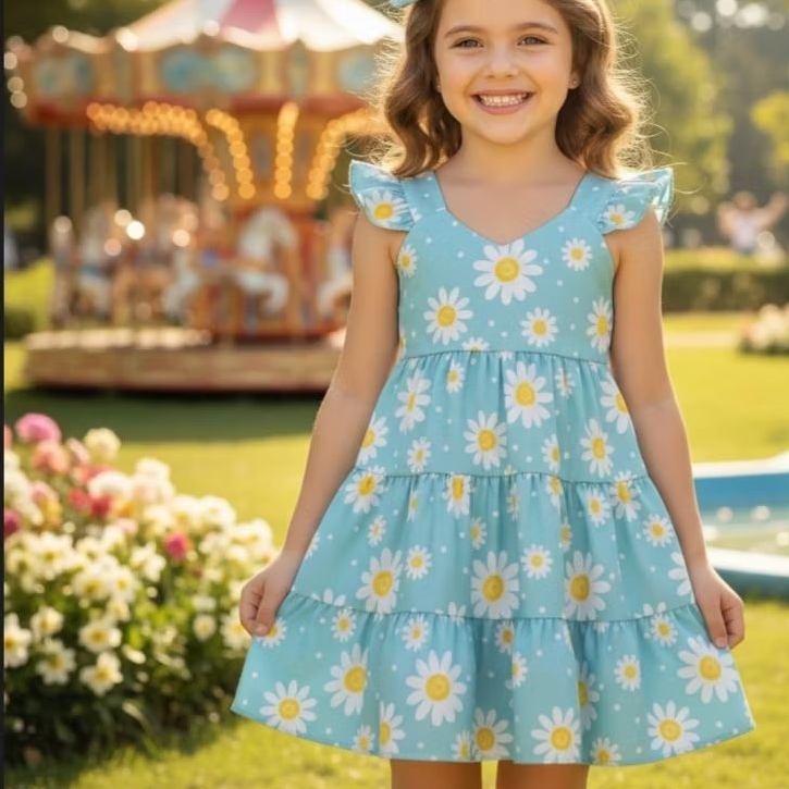 Vestido infantil margarida modelo três marias com amarrar nas costas