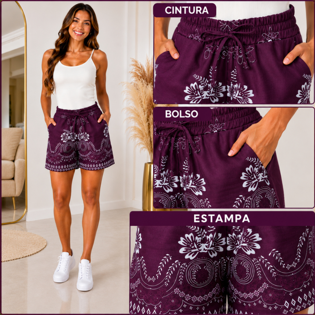 Short Feminino Moda Verão Crepe Estampado e Liso Com Bolsos Cintura Alta com Elástico Casual Casual