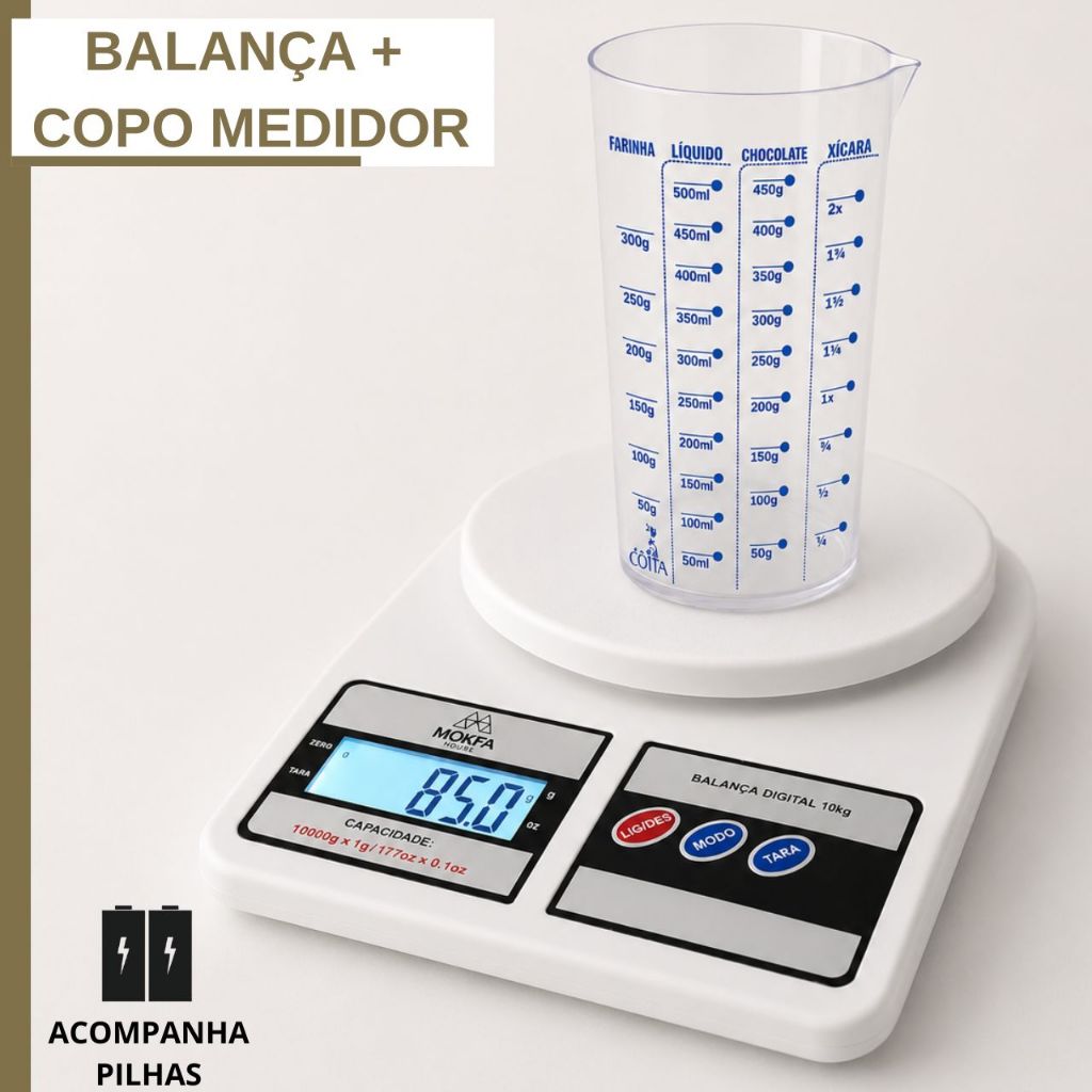 Kit 1/2 Balança Digital Alta Precisão até 10kg e Copo Medidor Dosador Cozinha Alimentos Confeitaria