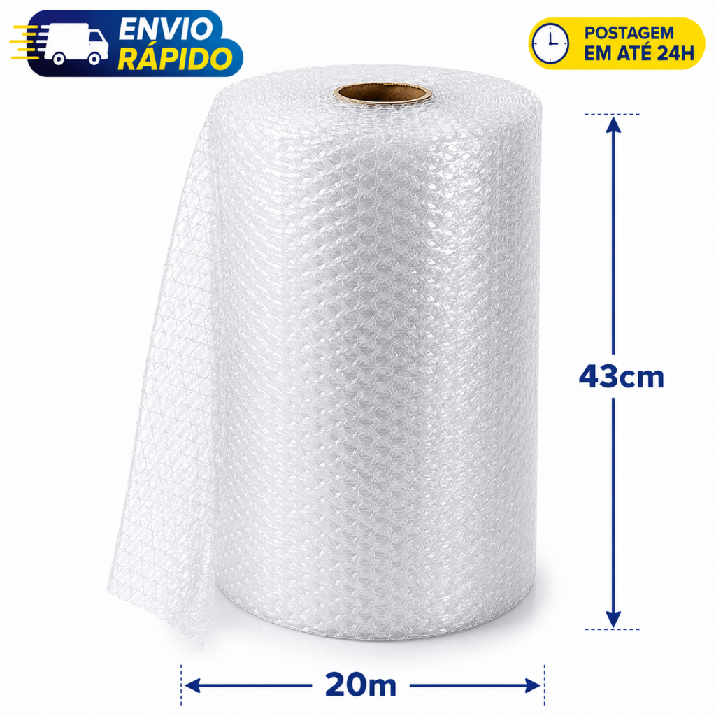 Plástico Bolha 43cm x 20m Bobina para Embalagem Proteção Envio Mudança E-commerce