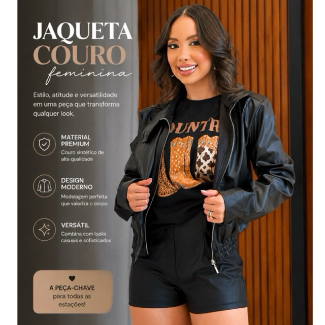 JAQUETA FEMININA DE COURO MANGA LONGA GOLA ALTA M G