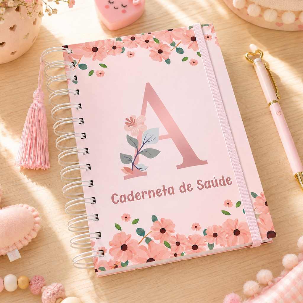 Caderneta de Vacinação Caderno de Saúde Menina Iniciais Alfabeto Capa Dura 118 Páginas Floral Rosa