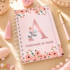 Caderneta de Vacinação Caderno de Saúde Menina Iniciais Alfabeto Capa Dura 118 Páginas Floral Rosa