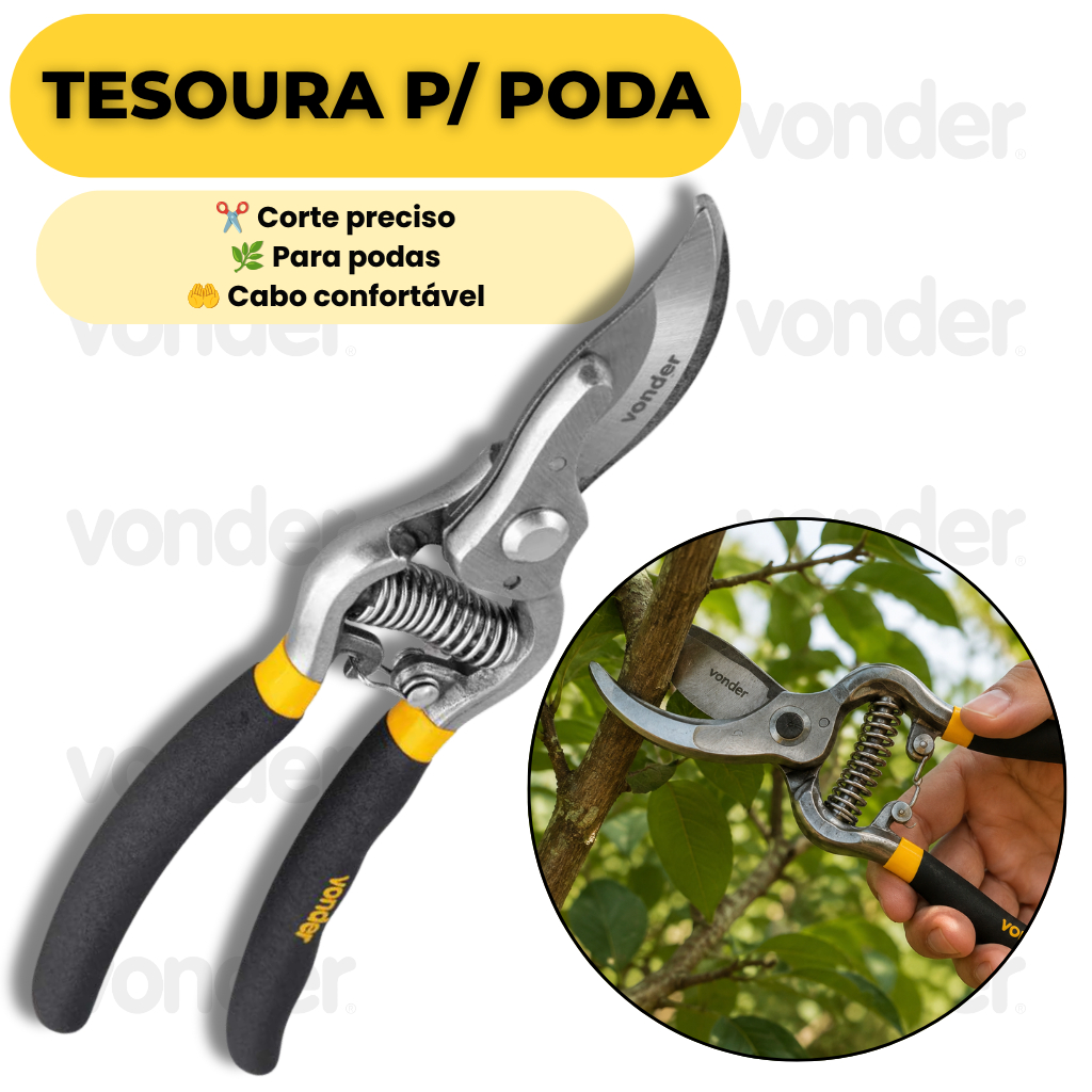 Tesoura de Poda Profissional para Árvores Flores Plantas com Bico Curvo Aço Forjado Vonder Original