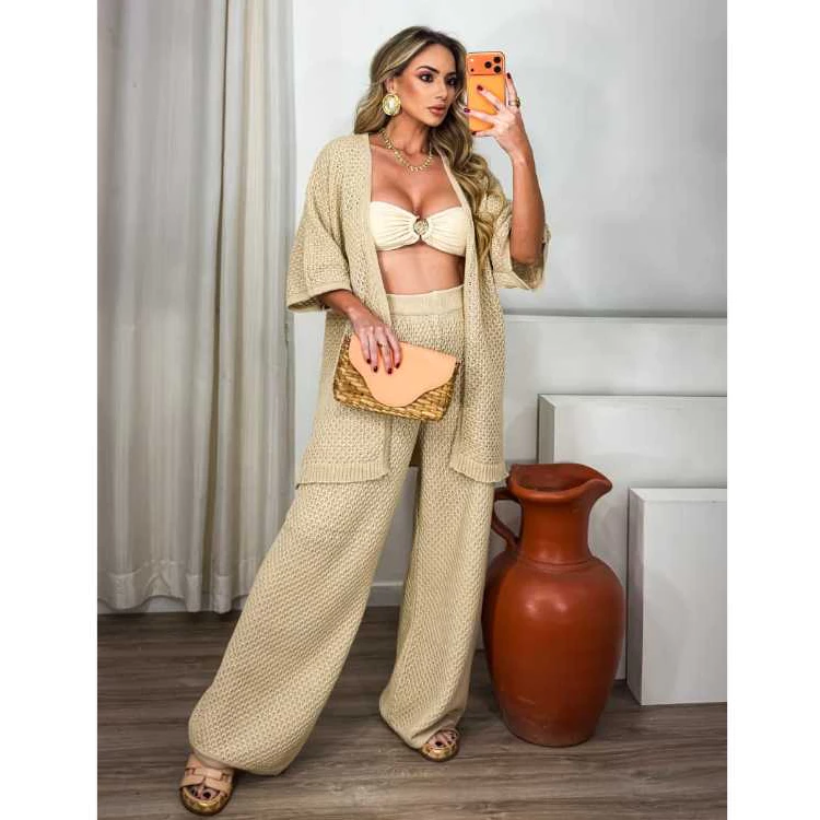 Conjunto Feminino Tricô Calça Pantalona e Kimono Tendência Verão Elegante Saída Praia
