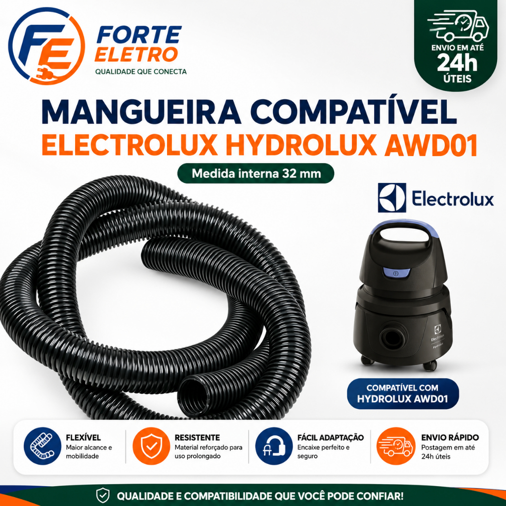 Mangueira de Aspirador 2 Metros 32mm Preta Compatível com Electrolux hidrolux AWD01 e Modelos 32mm