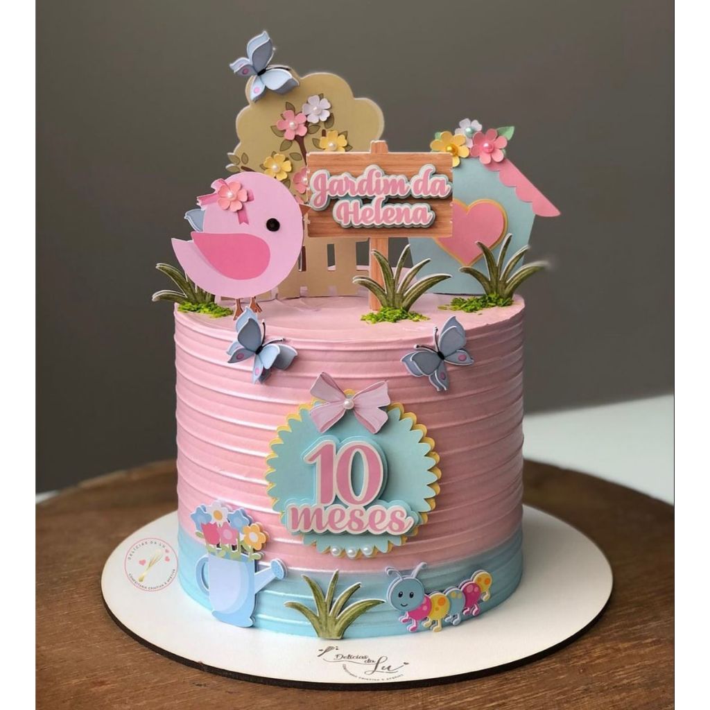 Topo de Bolo Personalizado Jardim Encantado Passarinhos - Mesversário e Aniversário Menina