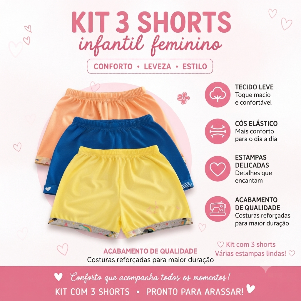 Kit 3 Short Infantil Feminino Pijama Verão Menina Confortável Tamanho 1 ao 14