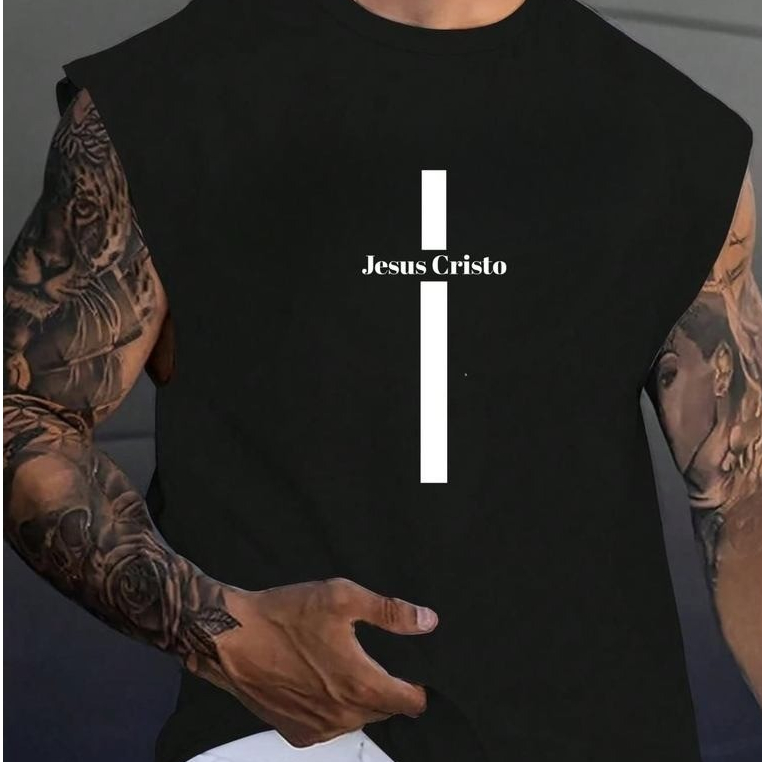Regata Machão Masculina Jesus Cristo Camiseta Cavada 100% Algodão Streetwear Religiosa Cristã