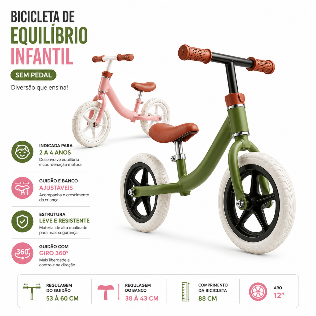Bicicleta de Equilíbrio Infantil Menino Menina Bicicleta de Equilíbrio Bicicleta Sem Pedal Infantil - Kidino