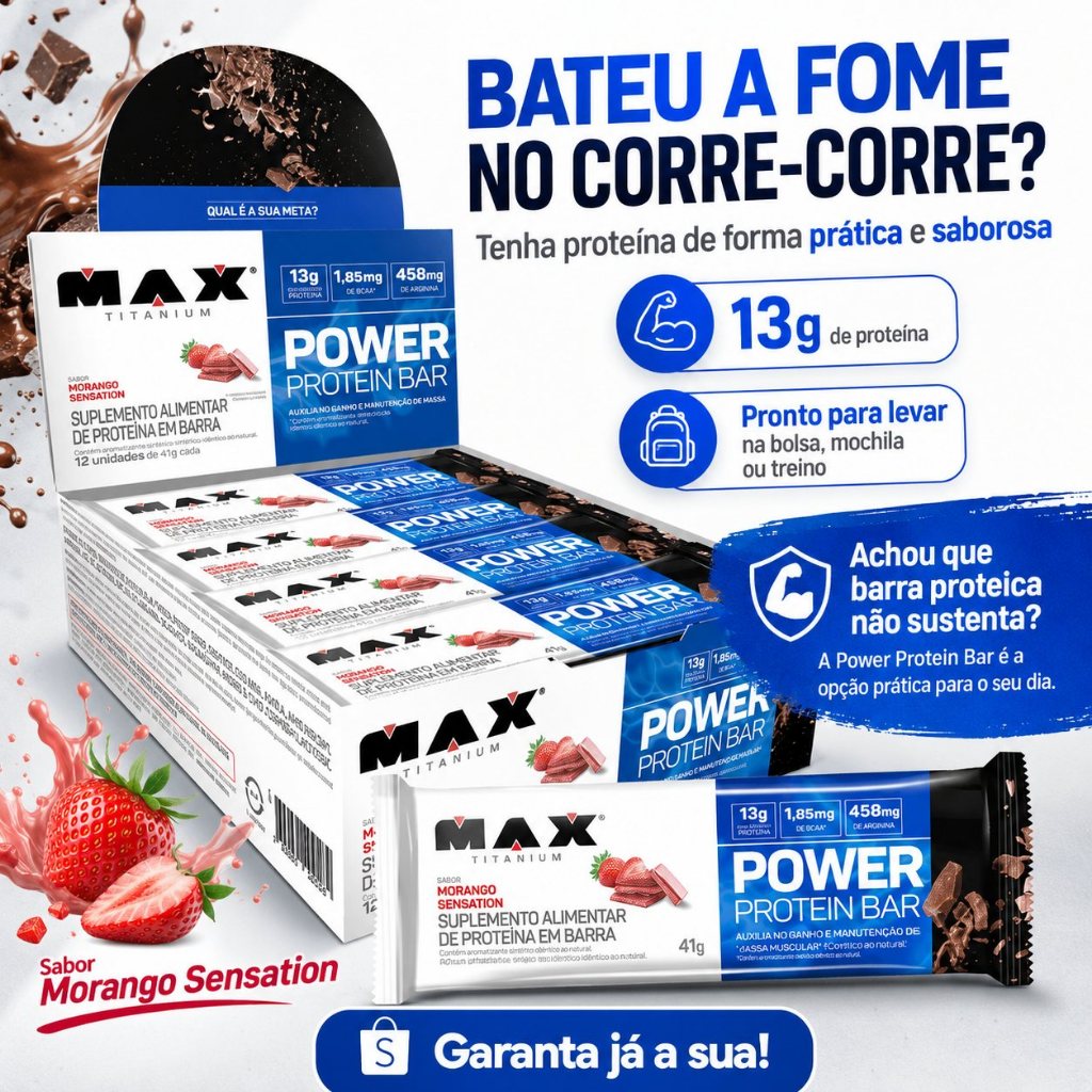 Barra de Proteína Power Protein Bar Max Titanium 41g Caixa 12 Unidades Sem Açúcar Barrinha Proteica Fitness